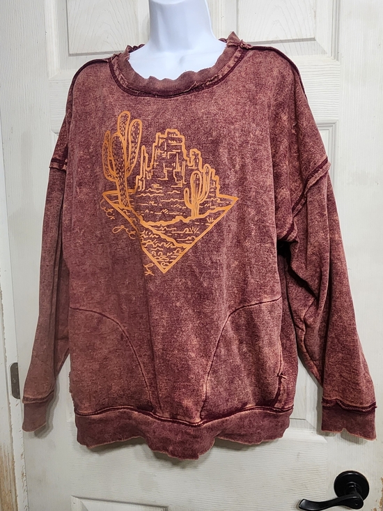 Zenana Outfitters Sweaters - Zenana Outfitters Washed Burgundy Crewneck with Desert Graphic